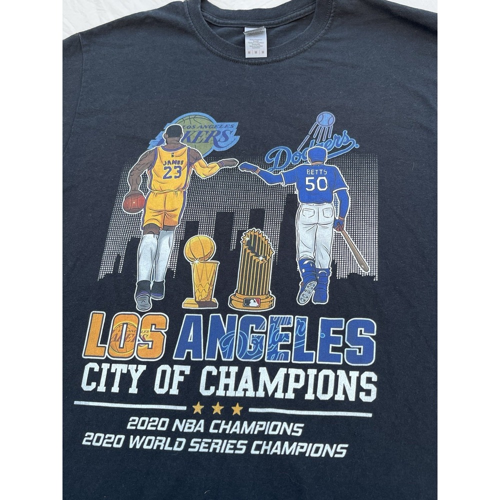 LeBron James  Mookie Betts 2020 NBA & World‎ Series Trophy Men's Cotton Crew Tee